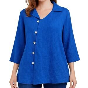 Heydari Sz Medium 100% LINEN Vibrant Blue Wearable Art Blouse Shirt Top Artsy